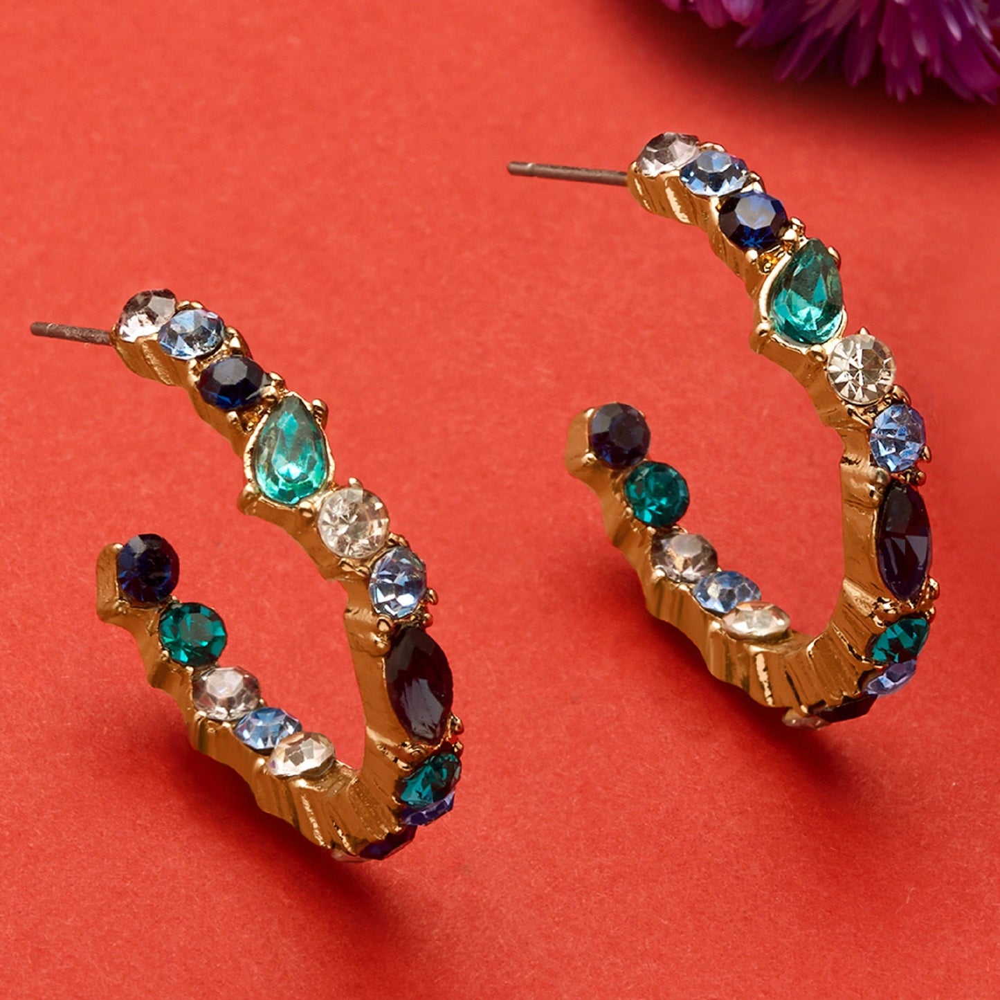 London Women's Blue Harvest Eclectic Stones Hoop Earring