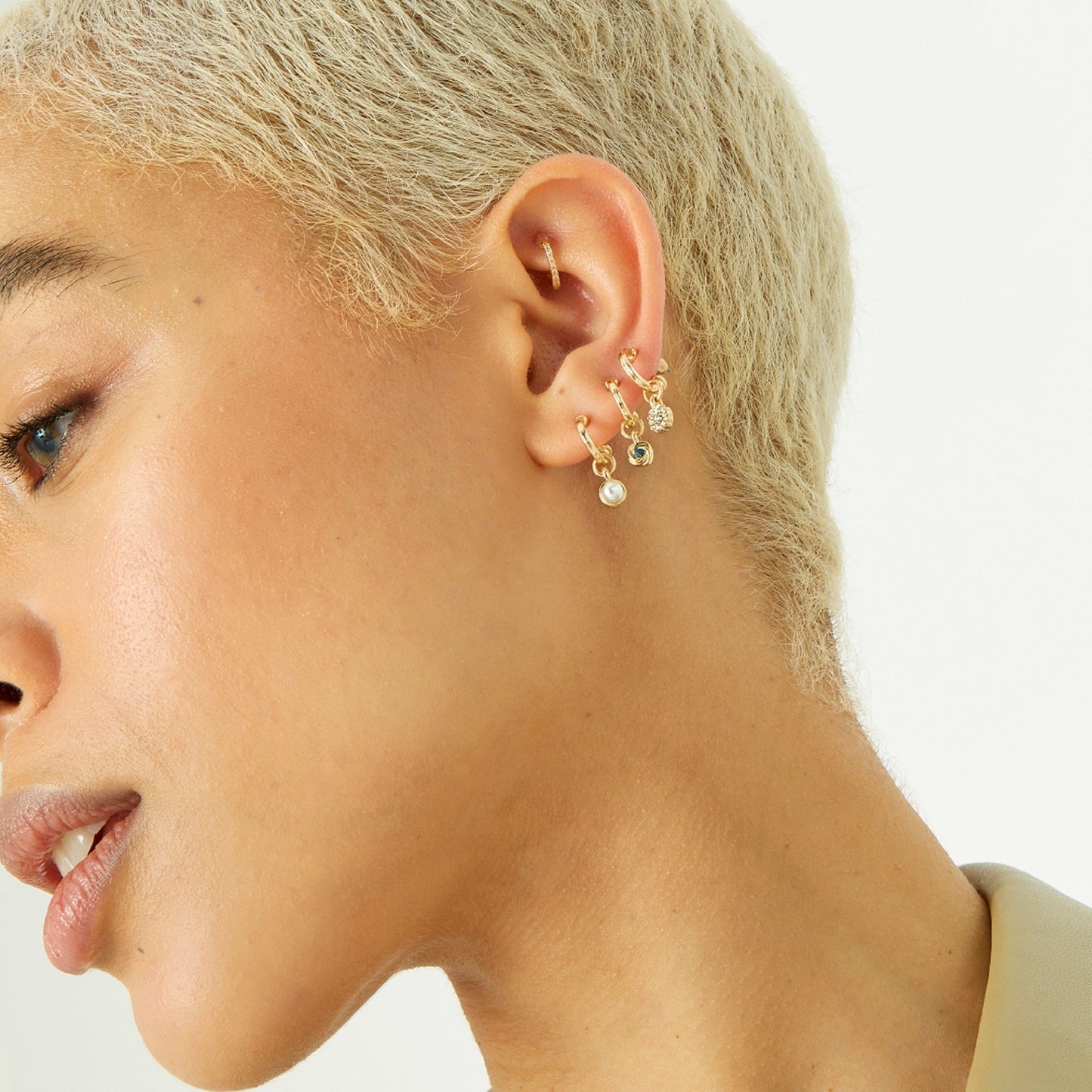 London Women's Blue Harvest Set of 3 Pearl Huggie Hoop Earring