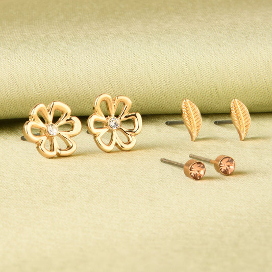 London Women'S Gold Set Of 3 Nature Stud Earring Pack