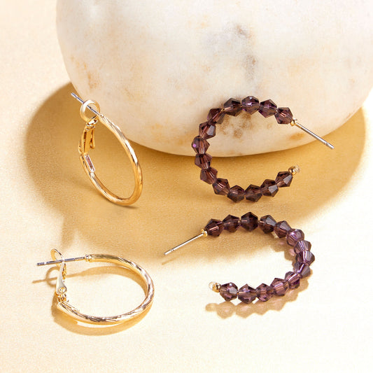 London Women's purple Amber Set of 2 Facet Beads Hoop Earring Pack