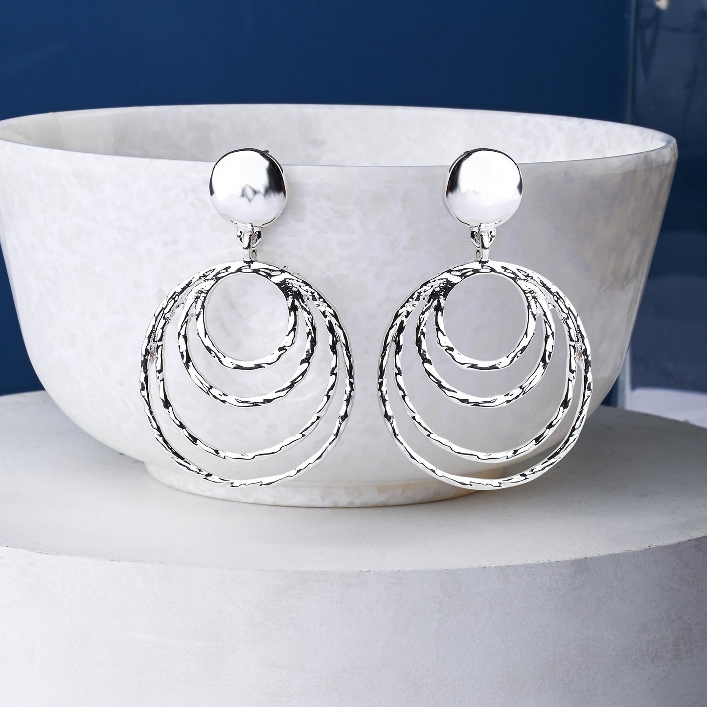 London Women's Silver Textured Circles Statement Earring