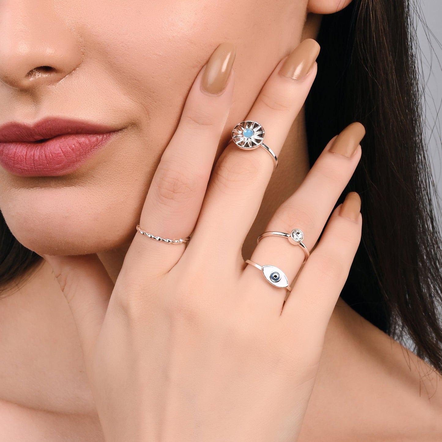 London Women's Silver Evil Eye Ring Pack Of 4-Small