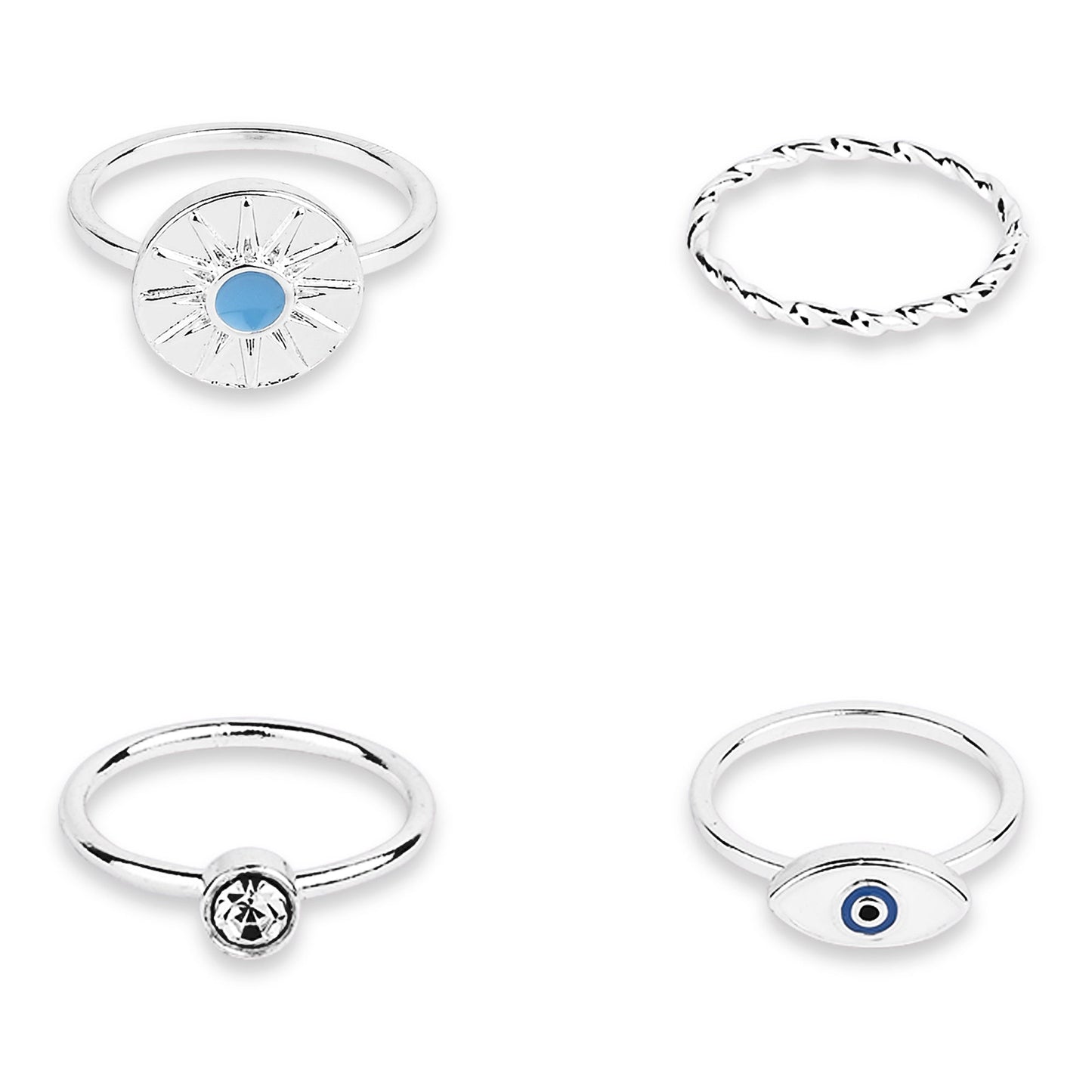 London Women's Silver Evil Eye Ring Pack Of 4-Small