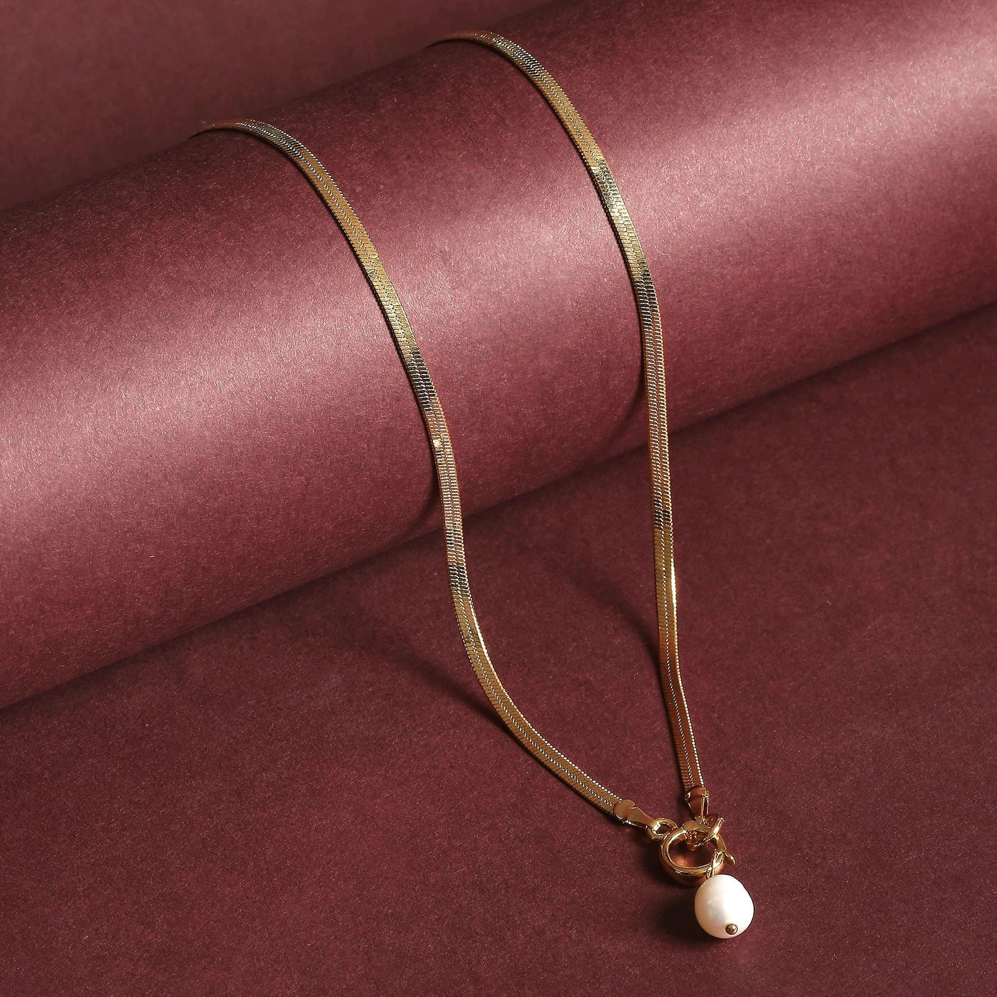 Real Gold Plated Pearl Z Herringbone Chain Pearl Pendant