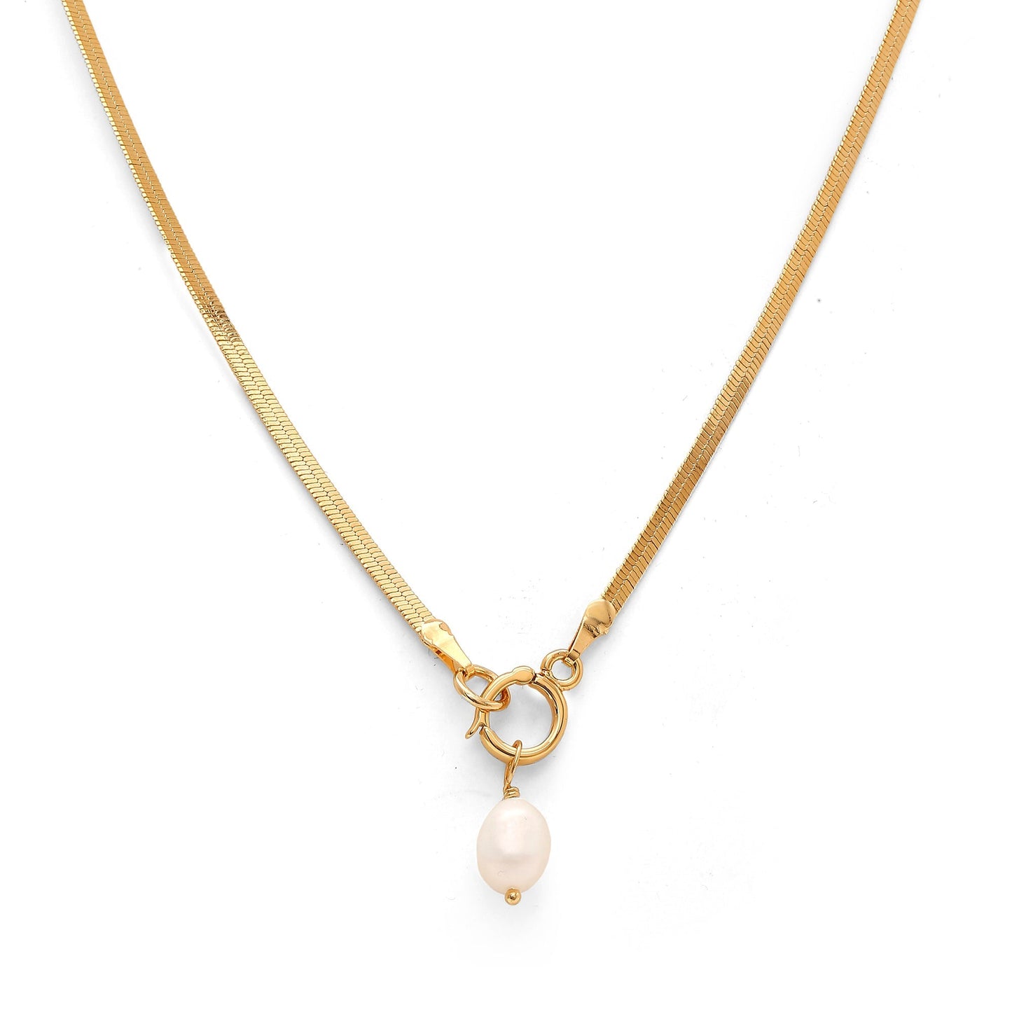 Real Gold Plated Pearl Z Herringbone Chain Pearl Pendant