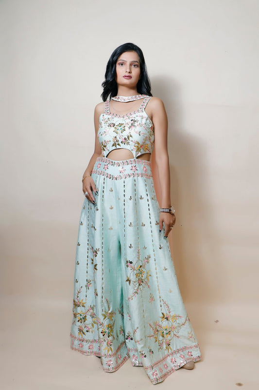Aqua Blue Party Dress with Intricate Cut Dana and Patti Work