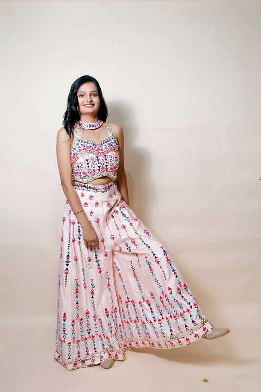Blushing Beauty: Baby Pink Silk Dress With Intricate Patti, Bead, And Mirror Work