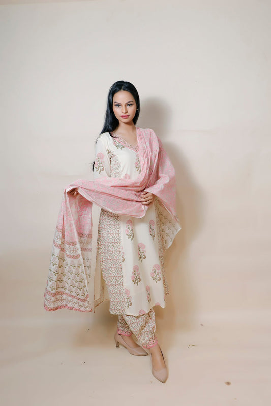 Off White Cotton Suit With Delicate Floral Print