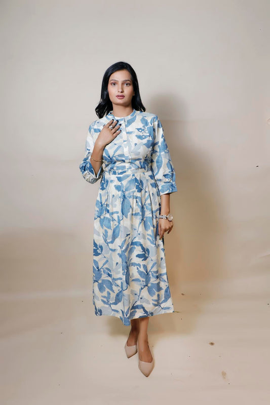 Stunning Blue and White Floral Print Cotton Dress