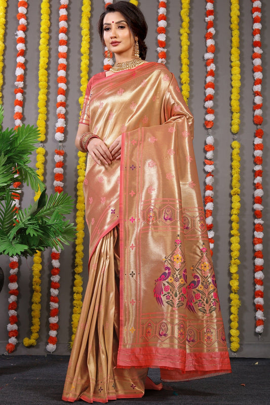Pleasant Baby Pink Paithani Silk Saree With Invaluable Blouse Piece