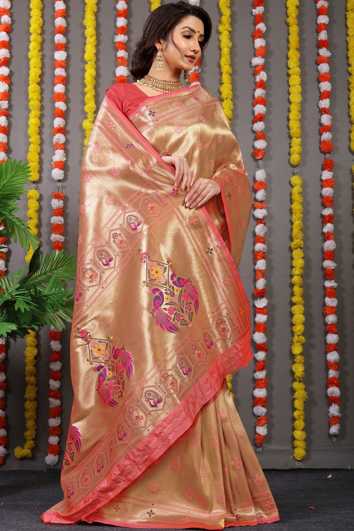 Pleasant Baby Pink Paithani Silk Saree With Invaluable Blouse Piece