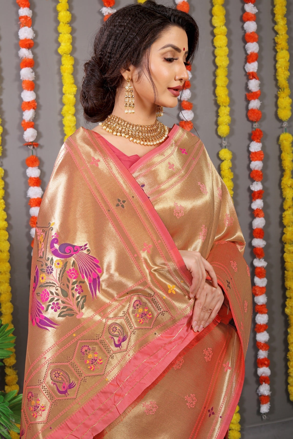 Pleasant Baby Pink Paithani Silk Saree With Invaluable Blouse Piece