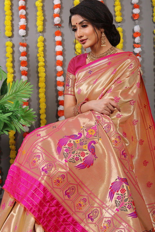 Delightful Dark Pink Paithani Silk Saree With Invaluable Blouse Piece