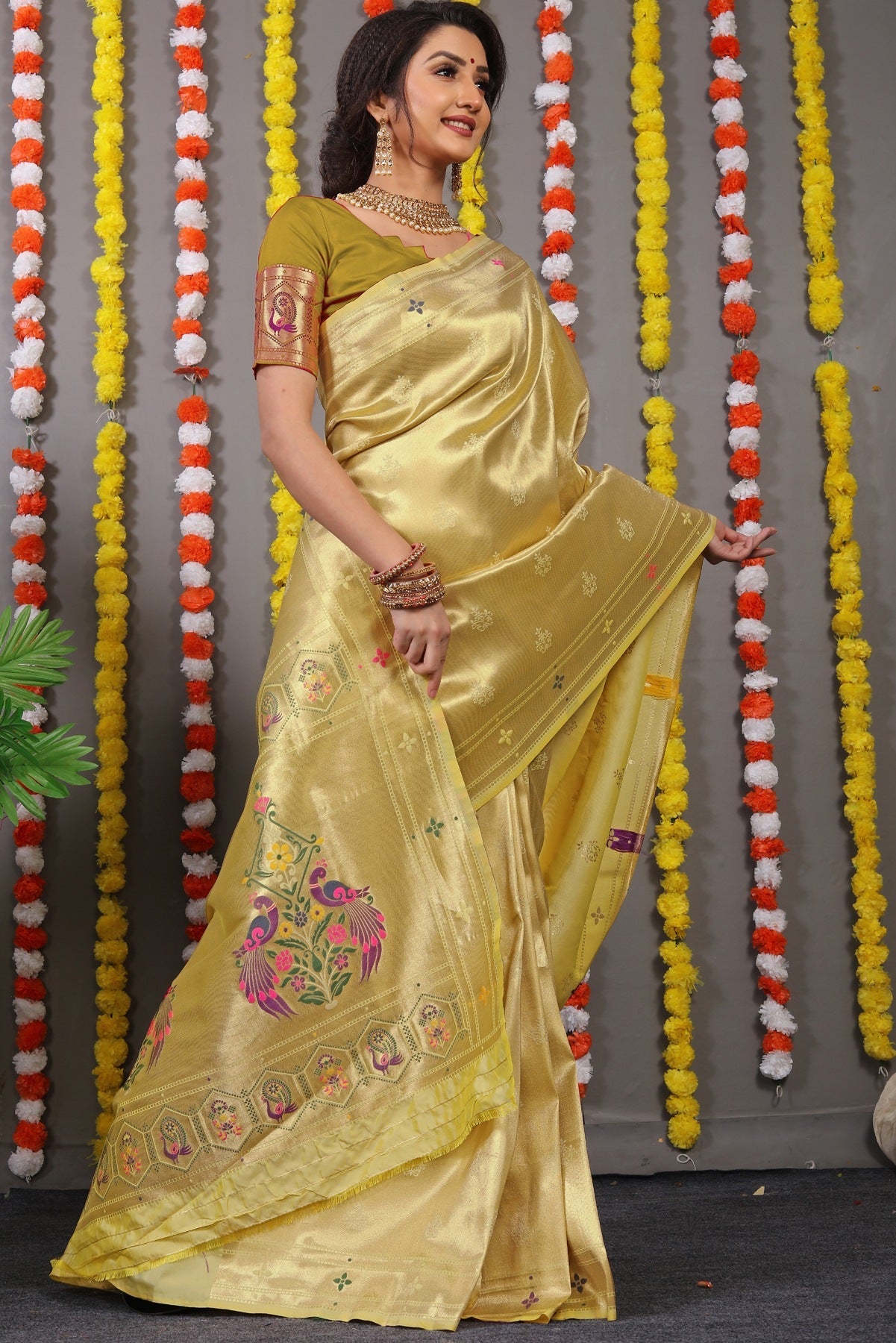 Flameboyant Lemon Paithani Silk Saree With Invaluable Blouse Piece