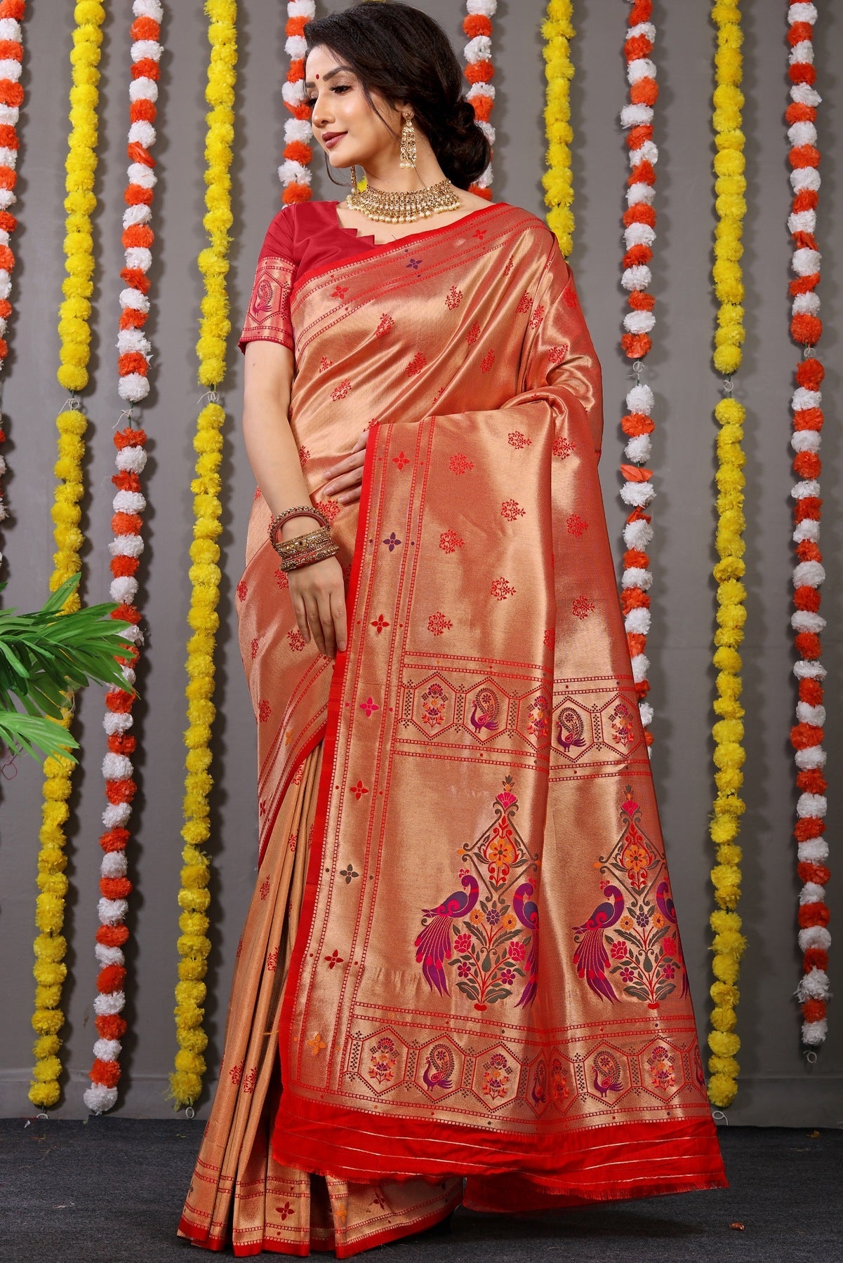 Preferable Red Paithani Silk Saree With Invaluable Blouse Piece