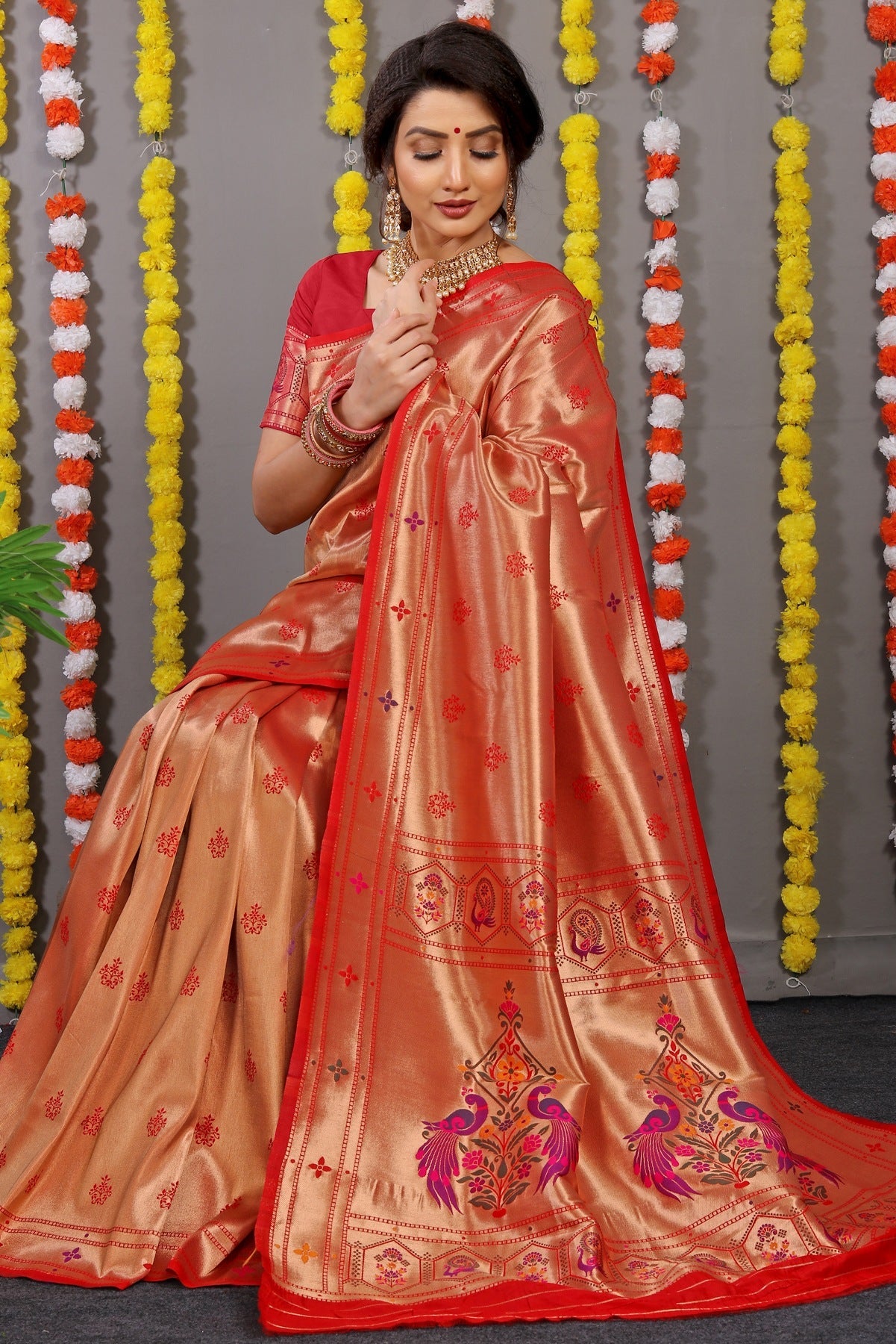 Preferable Red Paithani Silk Saree With Invaluable Blouse Piece