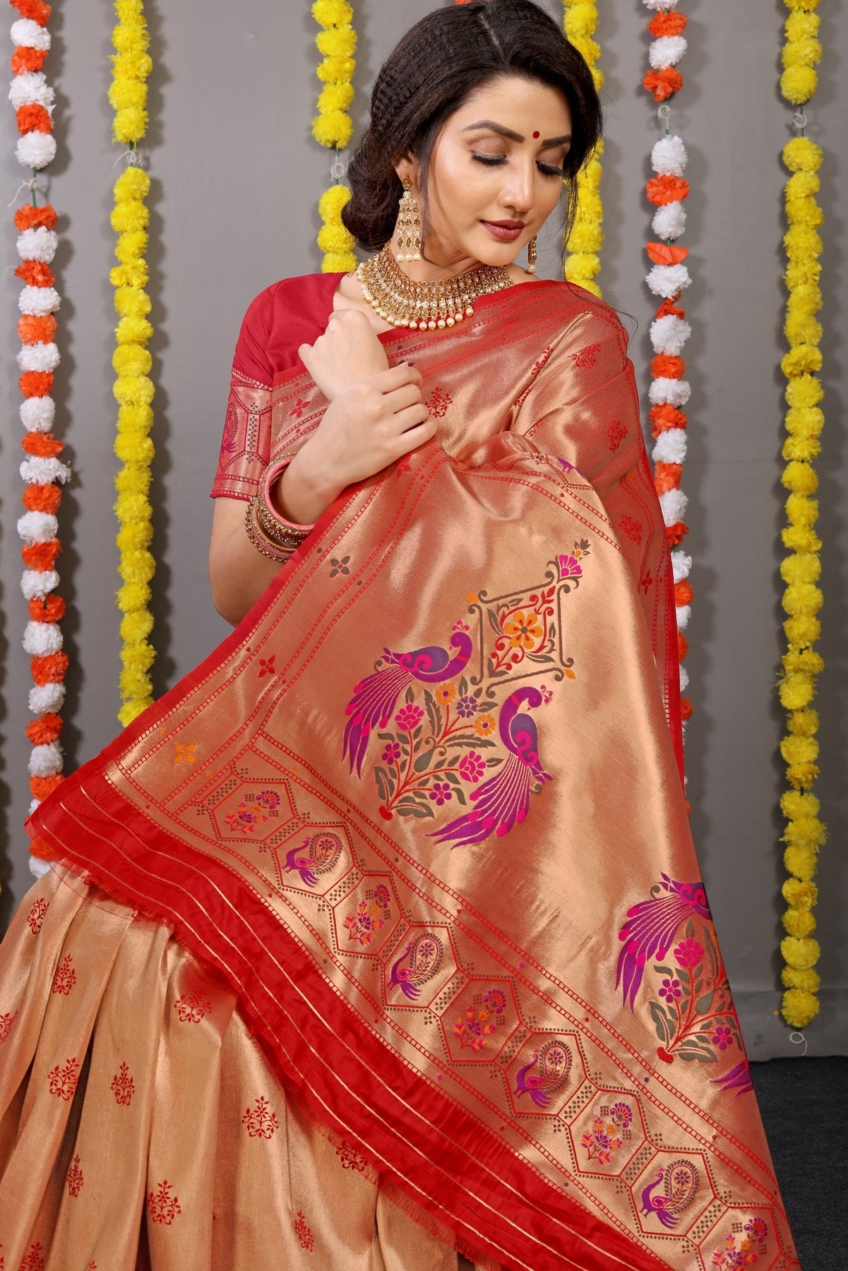 Preferable Red Paithani Silk Saree With Invaluable Blouse Piece