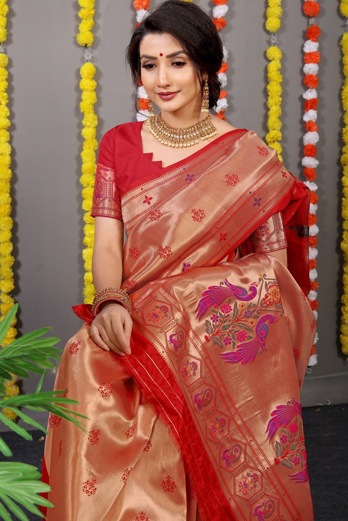 Preferable Red Paithani Silk Saree With Invaluable Blouse Piece