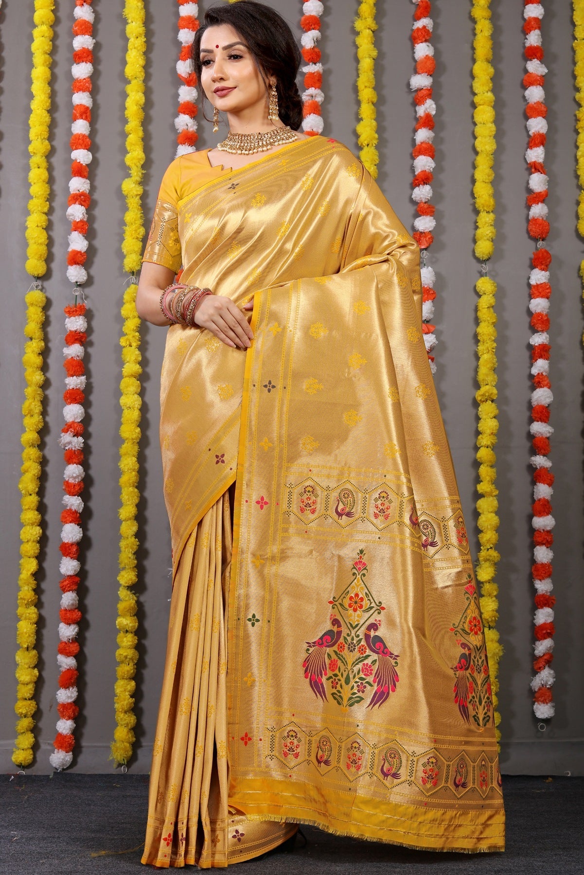 Most Stunning Yellow Paithani Silk Saree With Invaluable Blouse Piece