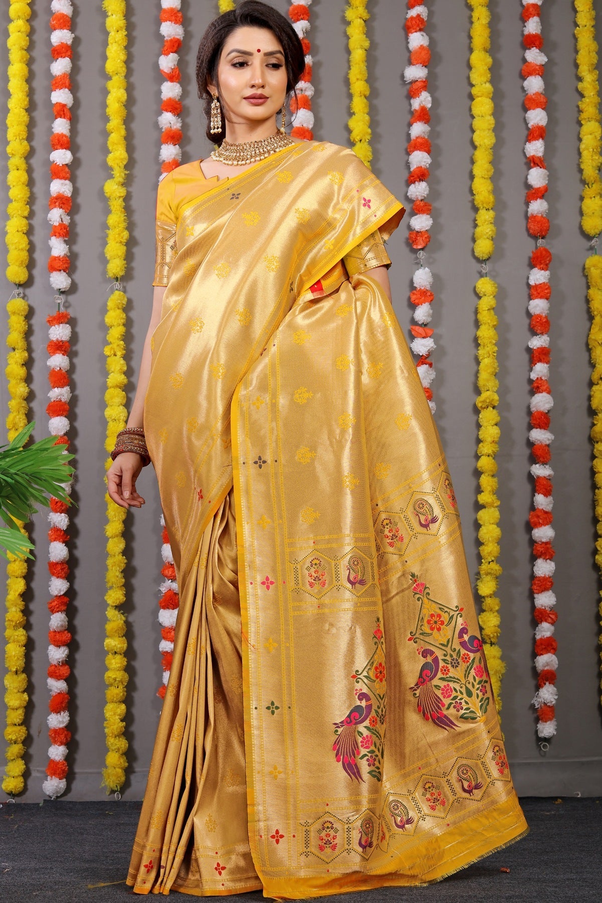 Most Stunning Yellow Paithani Silk Saree With Invaluable Blouse Piece