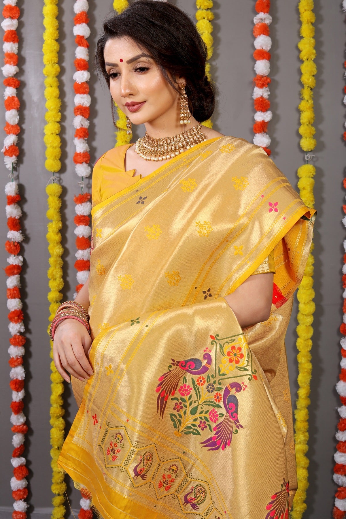 Most Stunning Yellow Paithani Silk Saree With Invaluable Blouse Piece