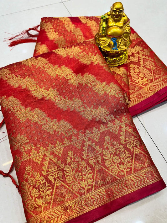 Desiring Red Organza Silk Saree With Adorable Blouse Piece