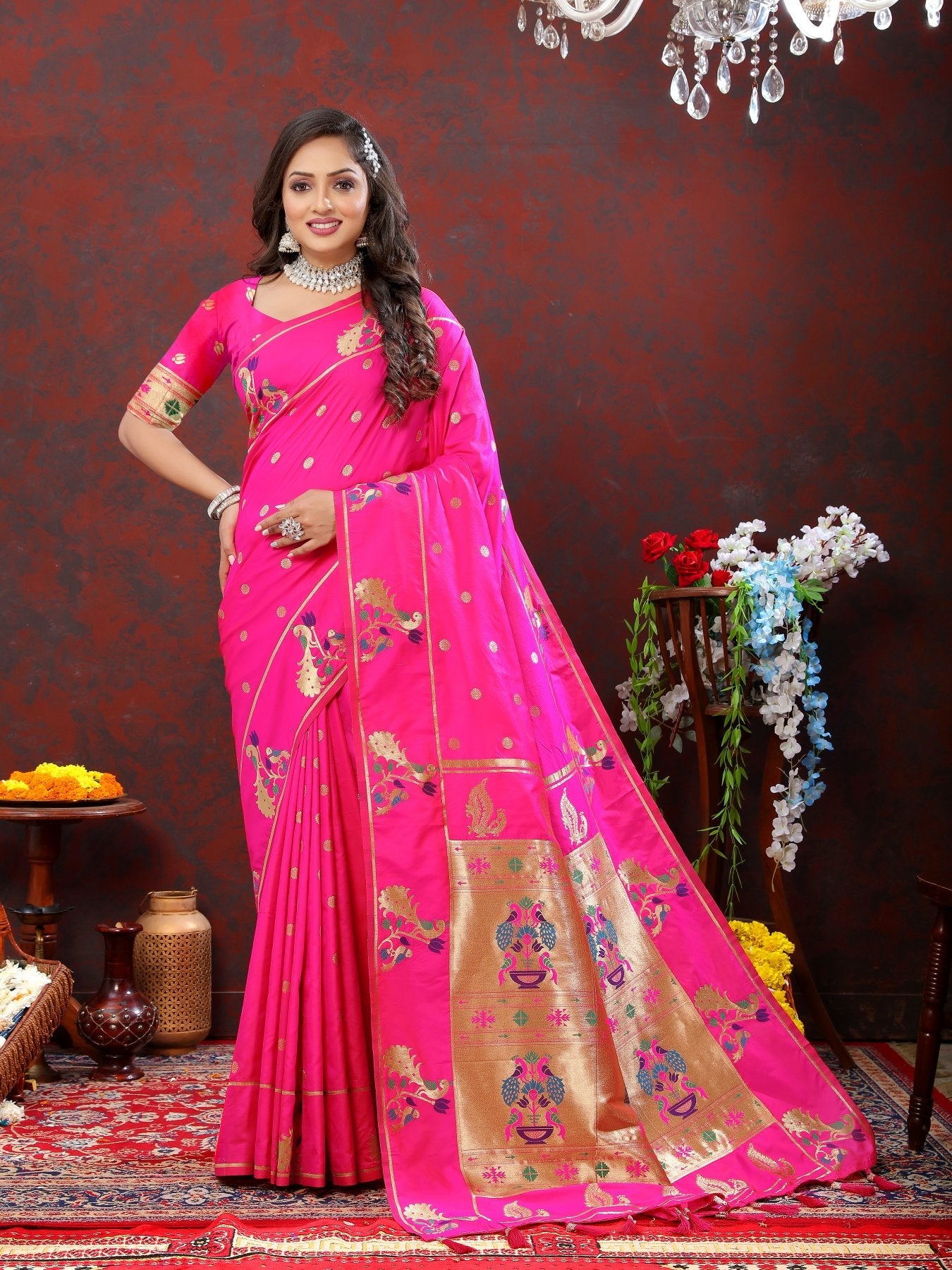 Sumptuous Dark Pink Paithani Silk Saree With Piquant Blouse Piece