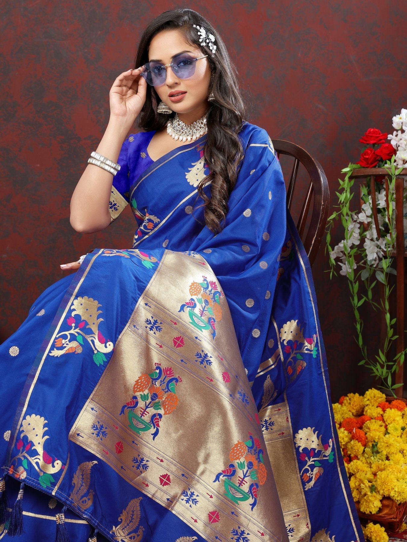 Profuse Royal Blue Paithani Silk Saree With Winsome Blouse Piece