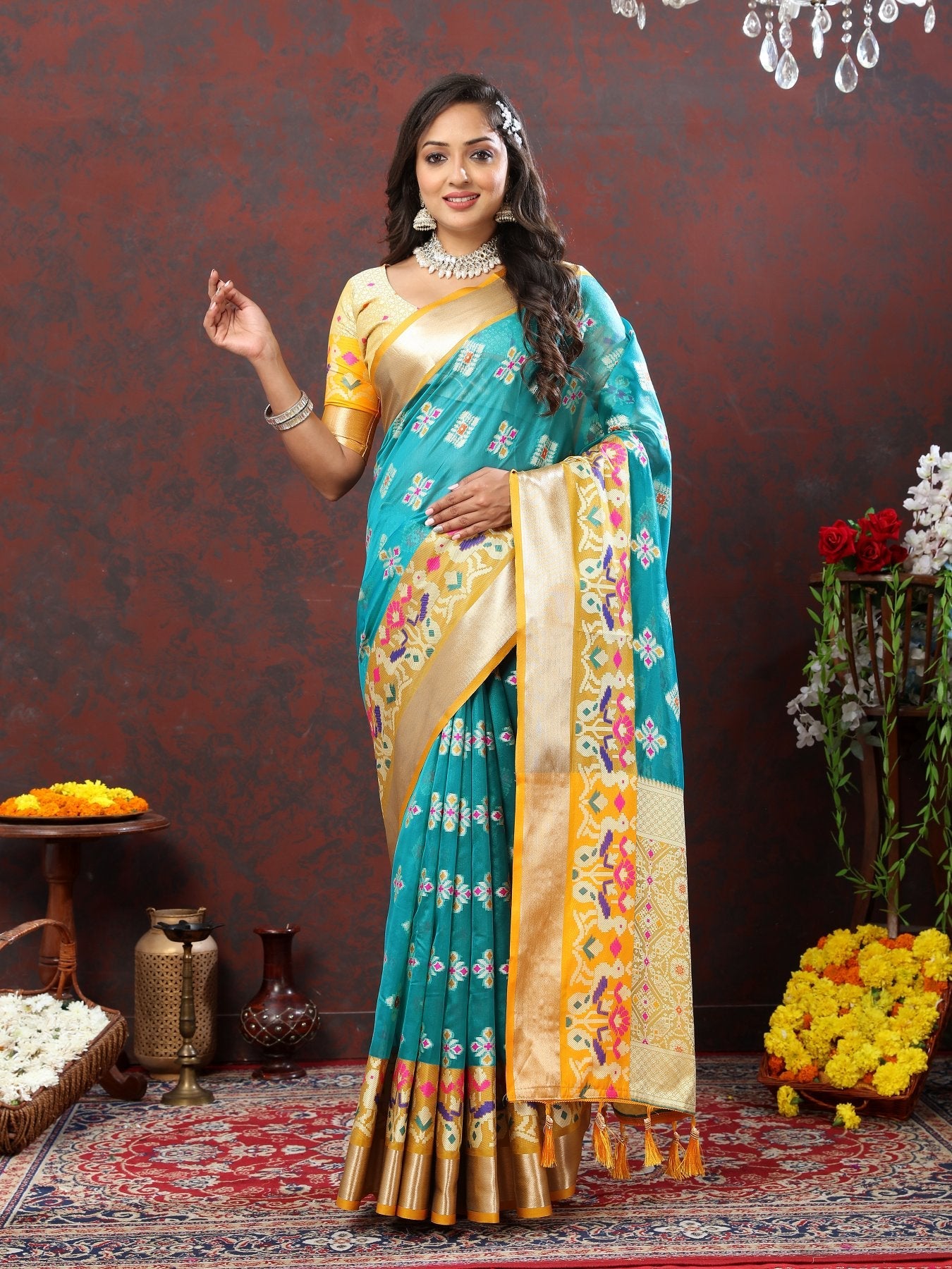 Engaging Firozi Organza Silk Saree With Tempting Blouse Piece