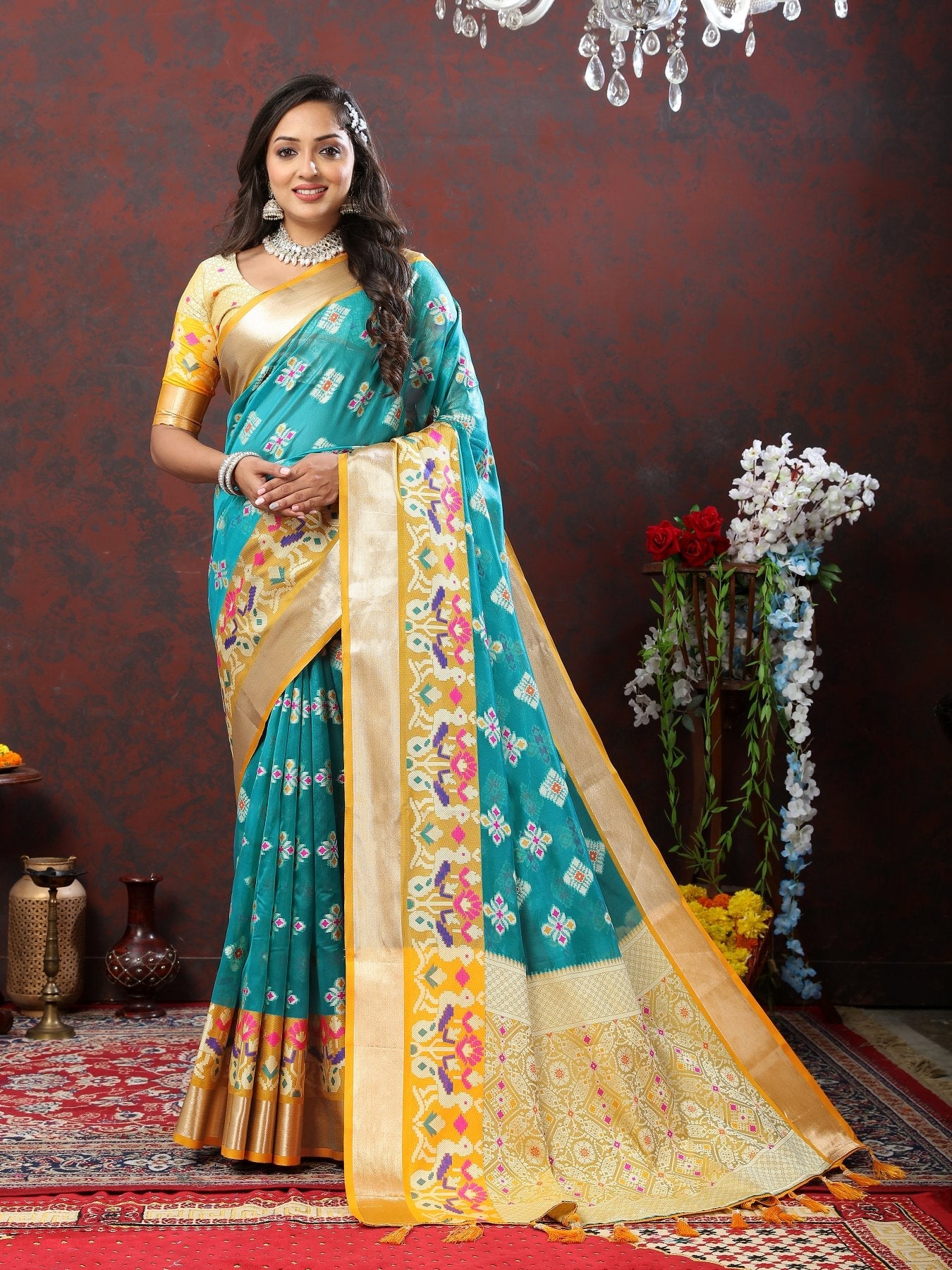Engaging Firozi Organza Silk Saree With Tempting Blouse Piece