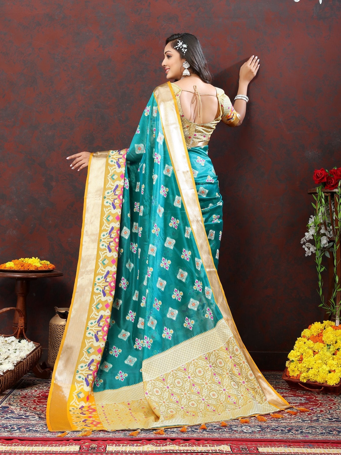 Engaging Firozi Organza Silk Saree With Tempting Blouse Piece