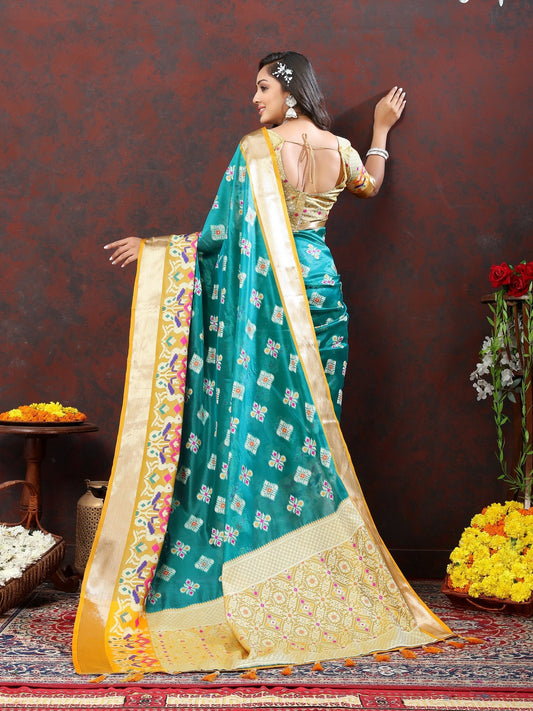 Engaging Firozi Organza Silk Saree With Tempting Blouse Piece