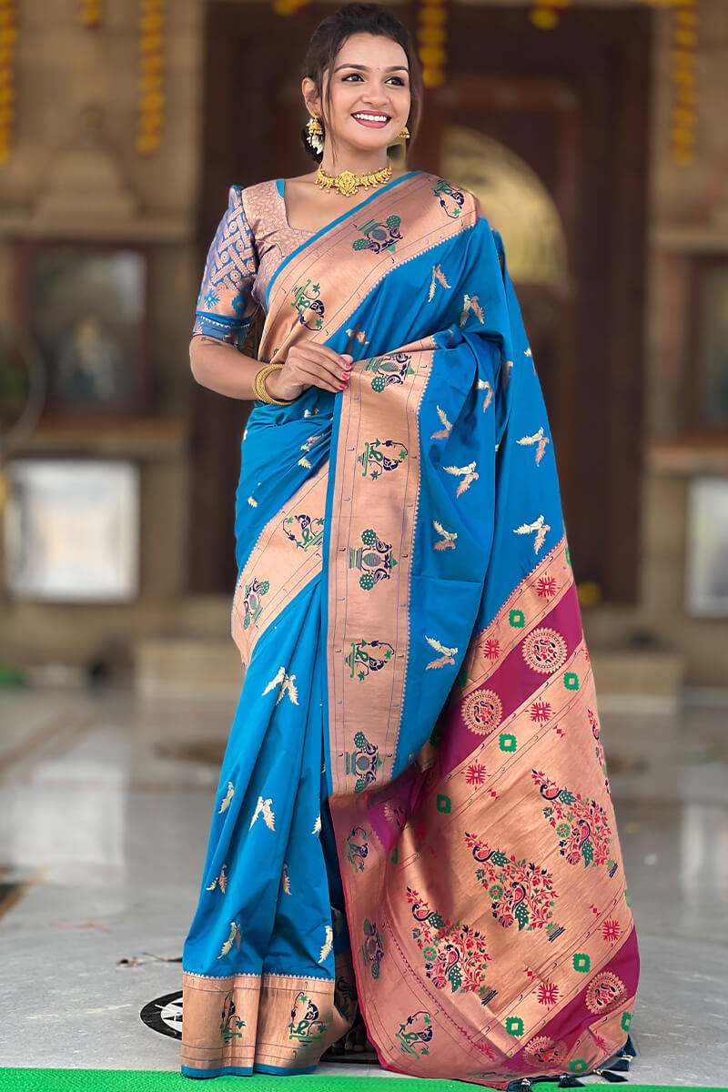 Elaborate Firozi Paithani Silk Saree With Whimsical Blouse Piece