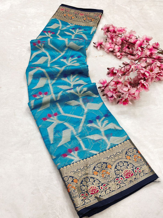 Sensational Firozi Organza Silk Saree With Comely Blouse Piece