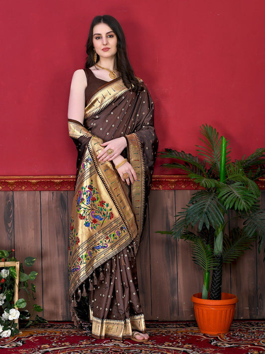 Phenomenal Brown Paithani Silk Saree With Ethnic Blouse Piece