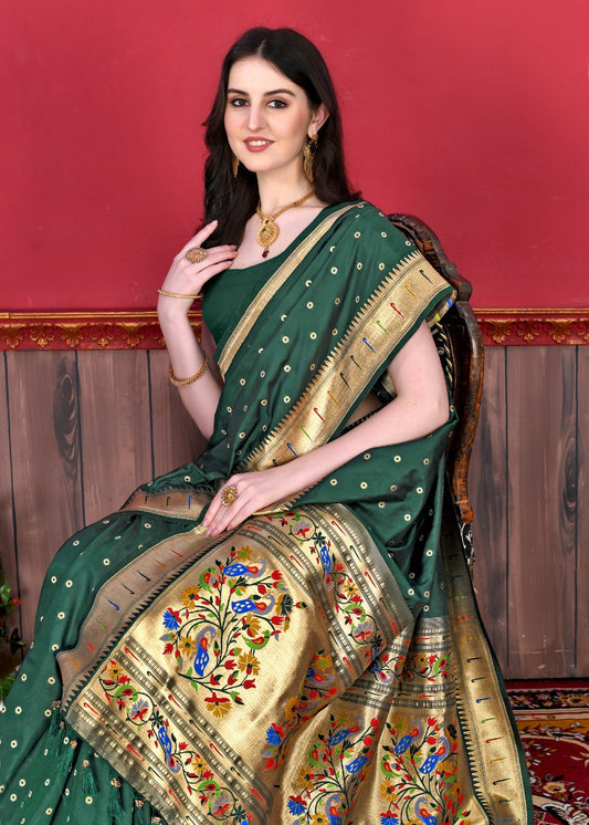 Outstanding Dark Green Paithani Silk Saree With Ethnic Blouse Piece