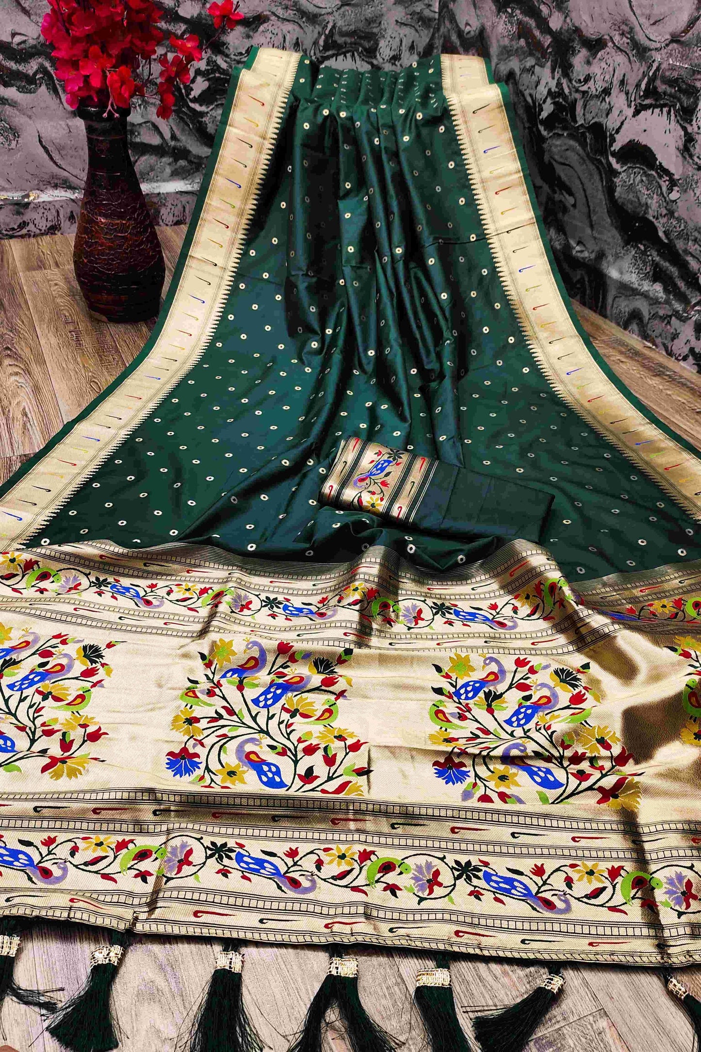 Outstanding Dark Green Paithani Silk Saree With Ethnic Blouse Piece