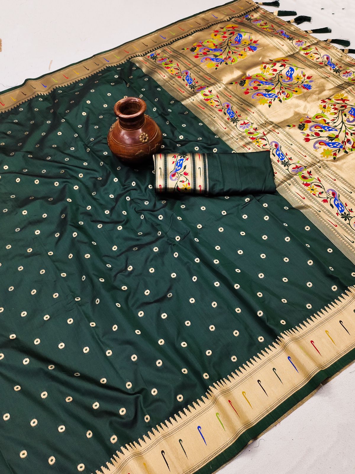 Outstanding Dark Green Paithani Silk Saree With Ethnic Blouse Piece