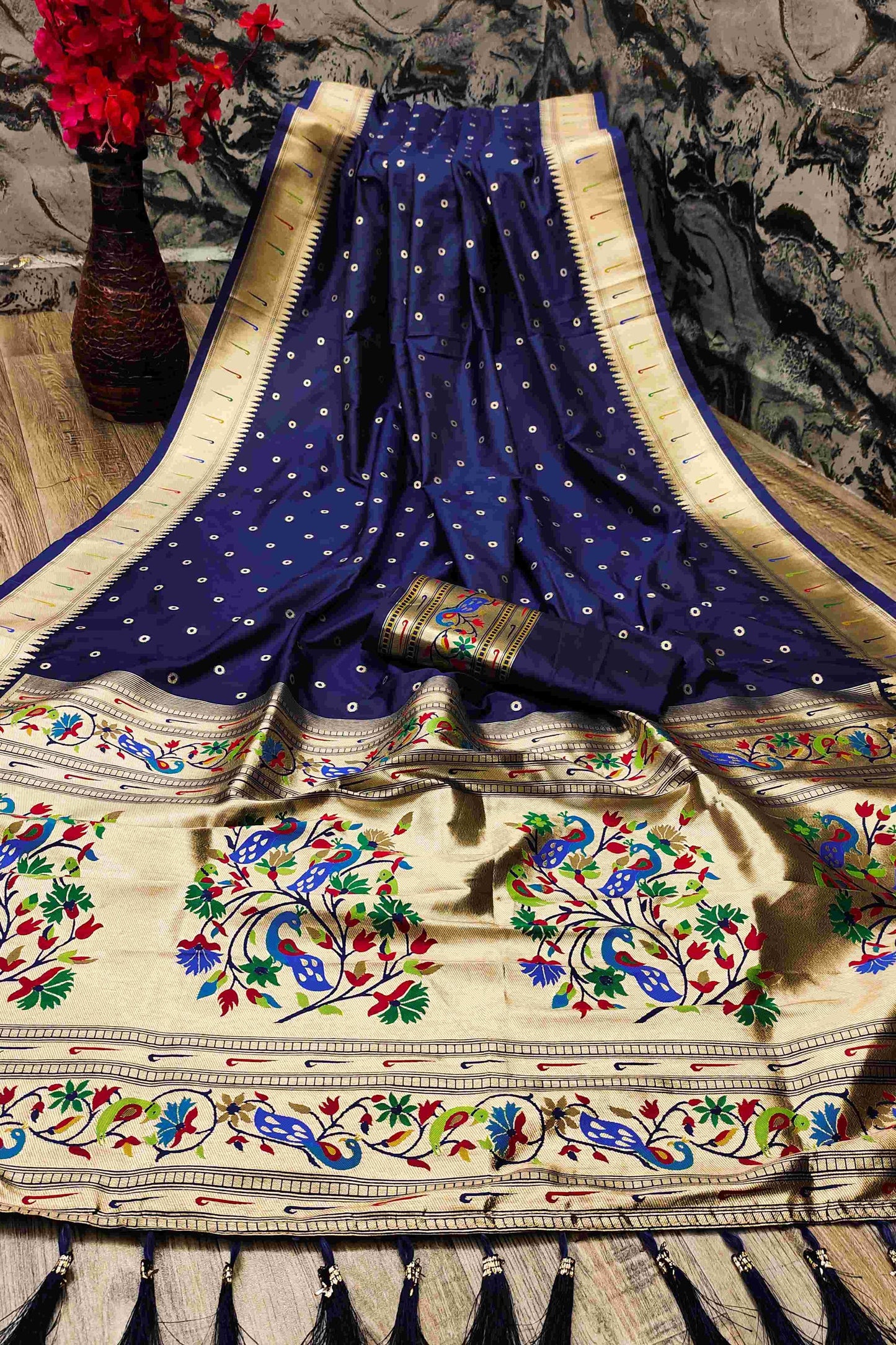 Deserving Navy Blue Paithani Silk Saree With Ethnic Blouse Piece