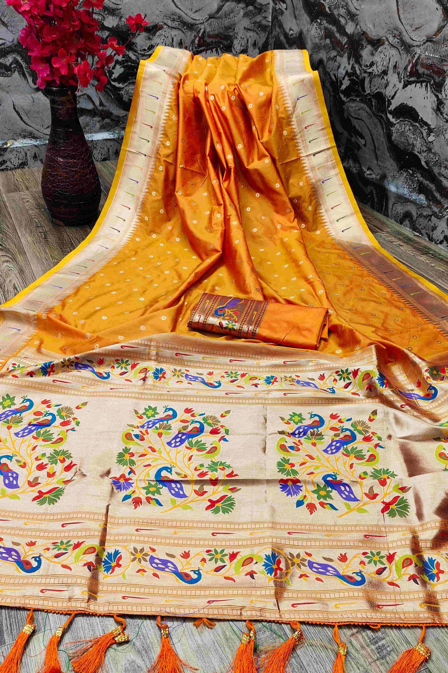 Charming Orange Paithani Silk Saree With Ethnic Blouse Piece