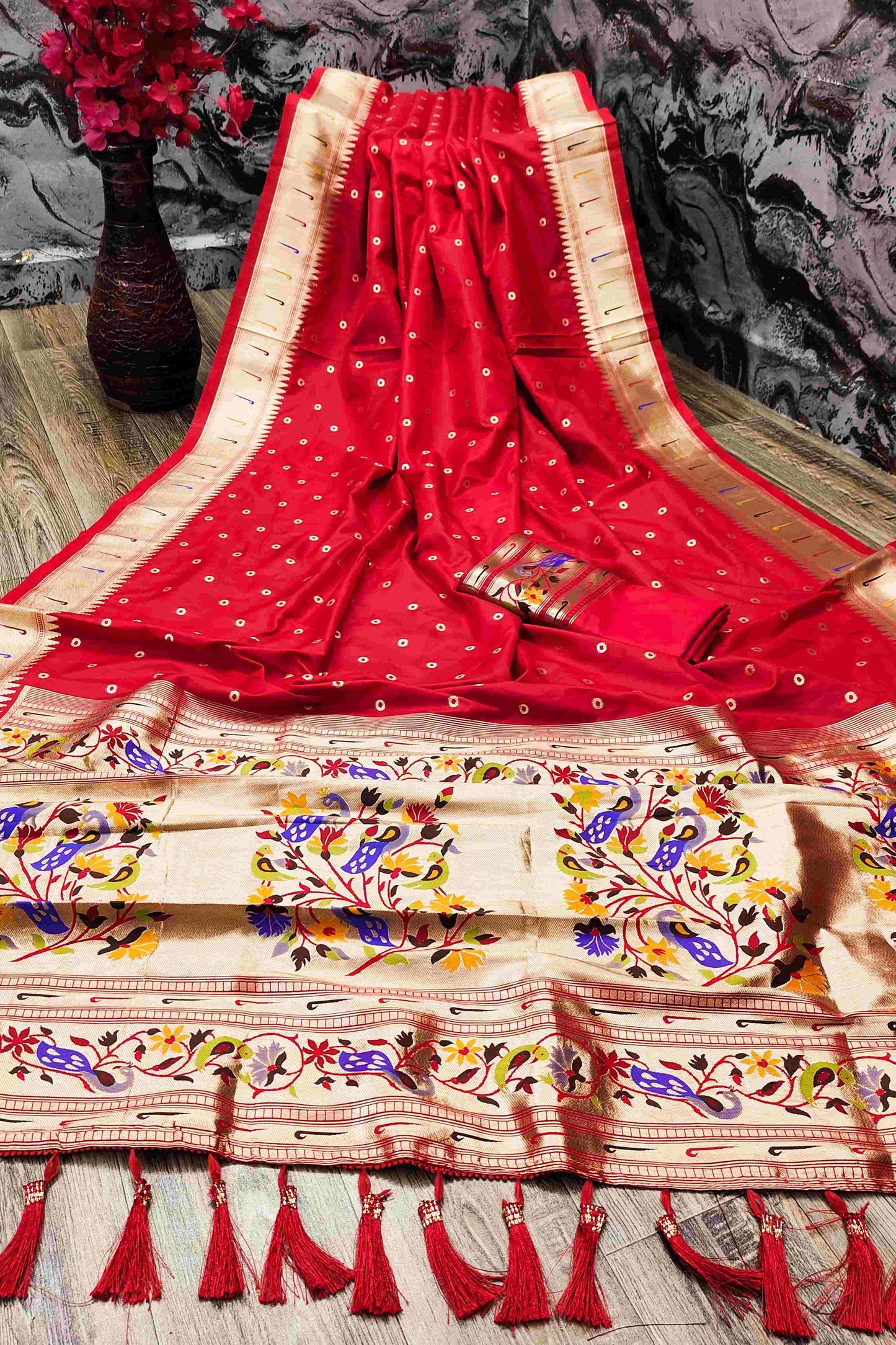 Beautiful Red Paithani Silk Saree With Ethnic Blouse Piece