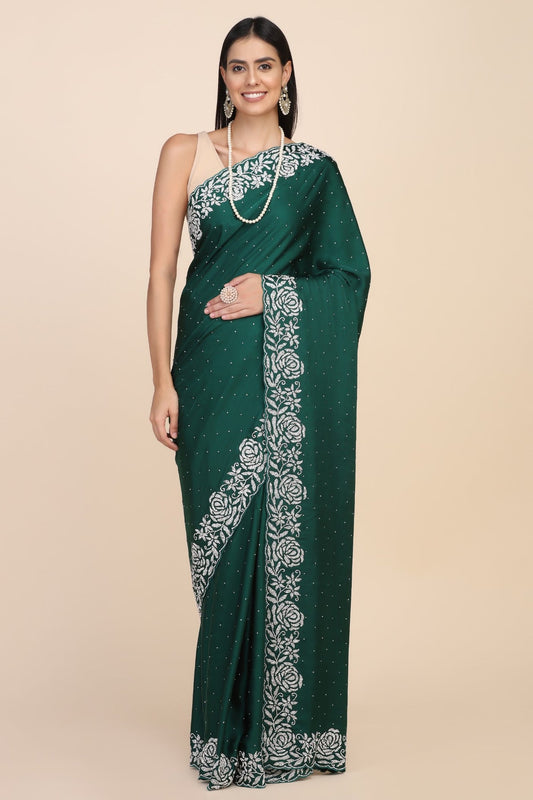 Elegant dark green color floral motif embroidered saree
