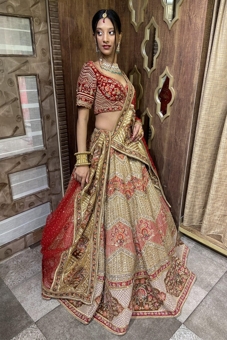 Beautiful Red & Golden Colored Hand Embroidered Bridal Lehenga