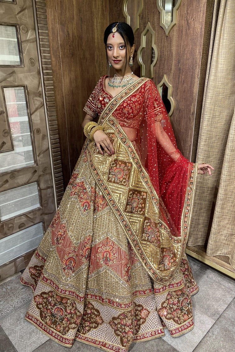 Beautiful Red & Golden Colored Hand Embroidered Bridal Lehenga
