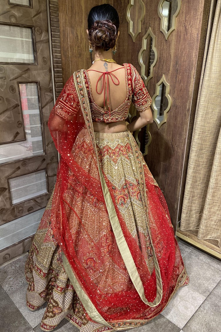 Beautiful Red & Golden Colored Hand Embroidered Bridal Lehenga