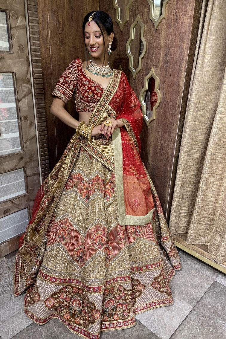 Beautiful Red & Golden Colored Hand Embroidered Bridal Lehenga