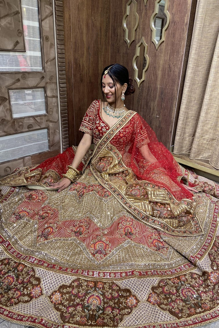 Beautiful Red & Golden Colored Hand Embroidered Bridal Lehenga
