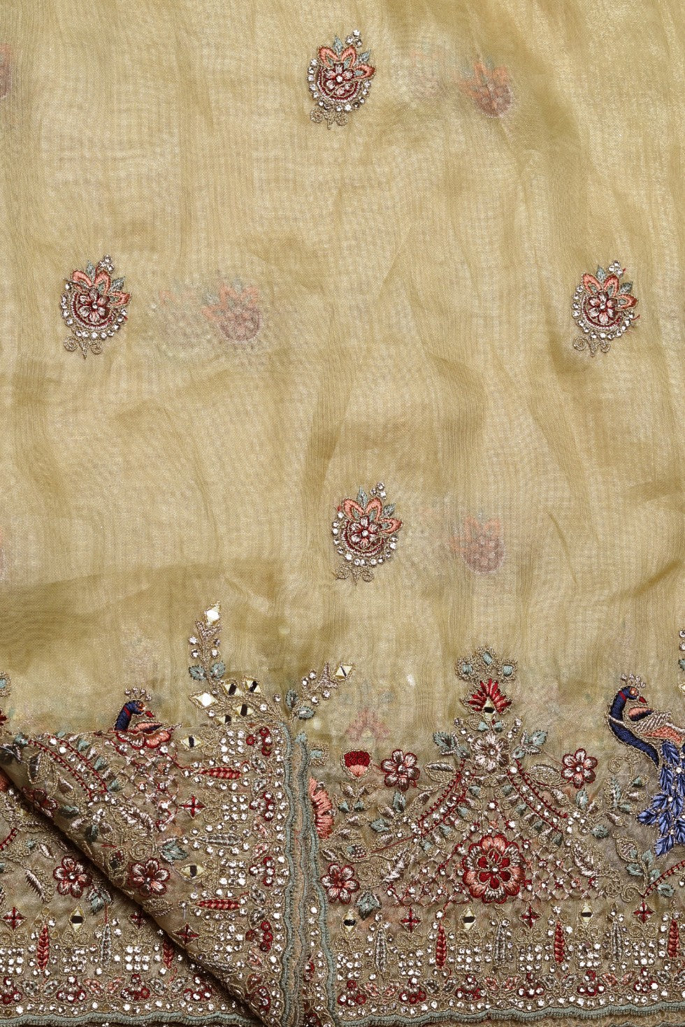 Elegant yellow color peacock motif embroidered saree