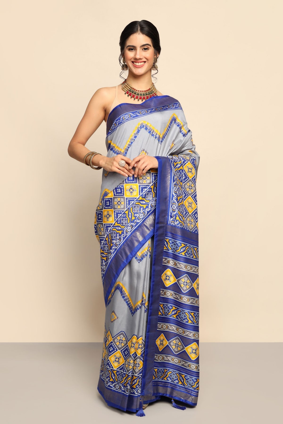 Trendy Blue Geometric Motif Printed Saree