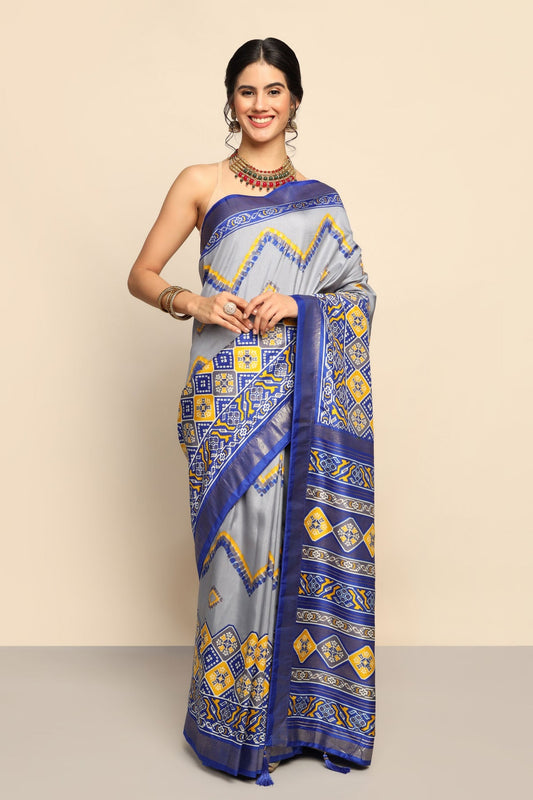 Trendy Blue Geometric Motif Printed Saree